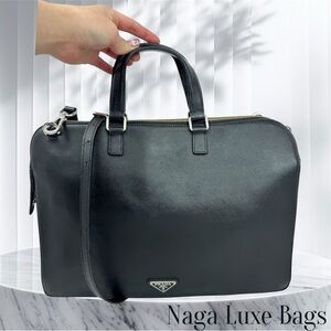 Prada Saffiano Business Briefcase two tone black & Blue (COA included)